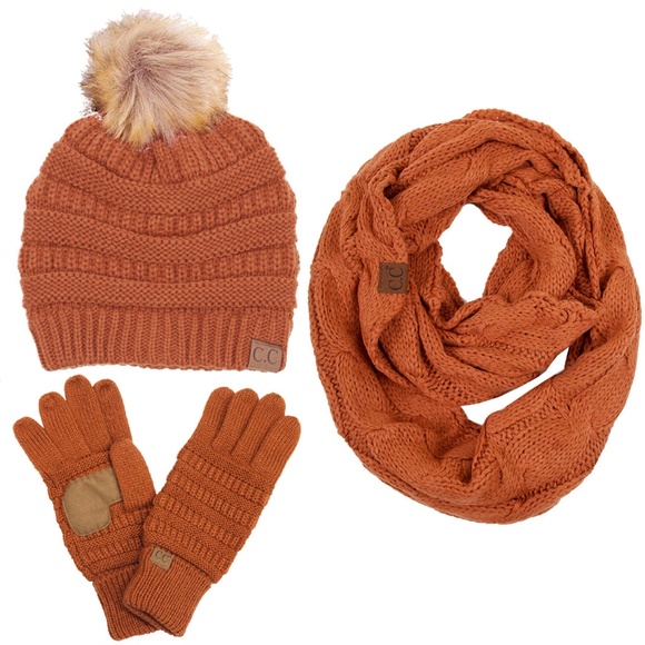 C.C 3pc Knit Warm Pom Beanie Gloves Scarves Set main image 6